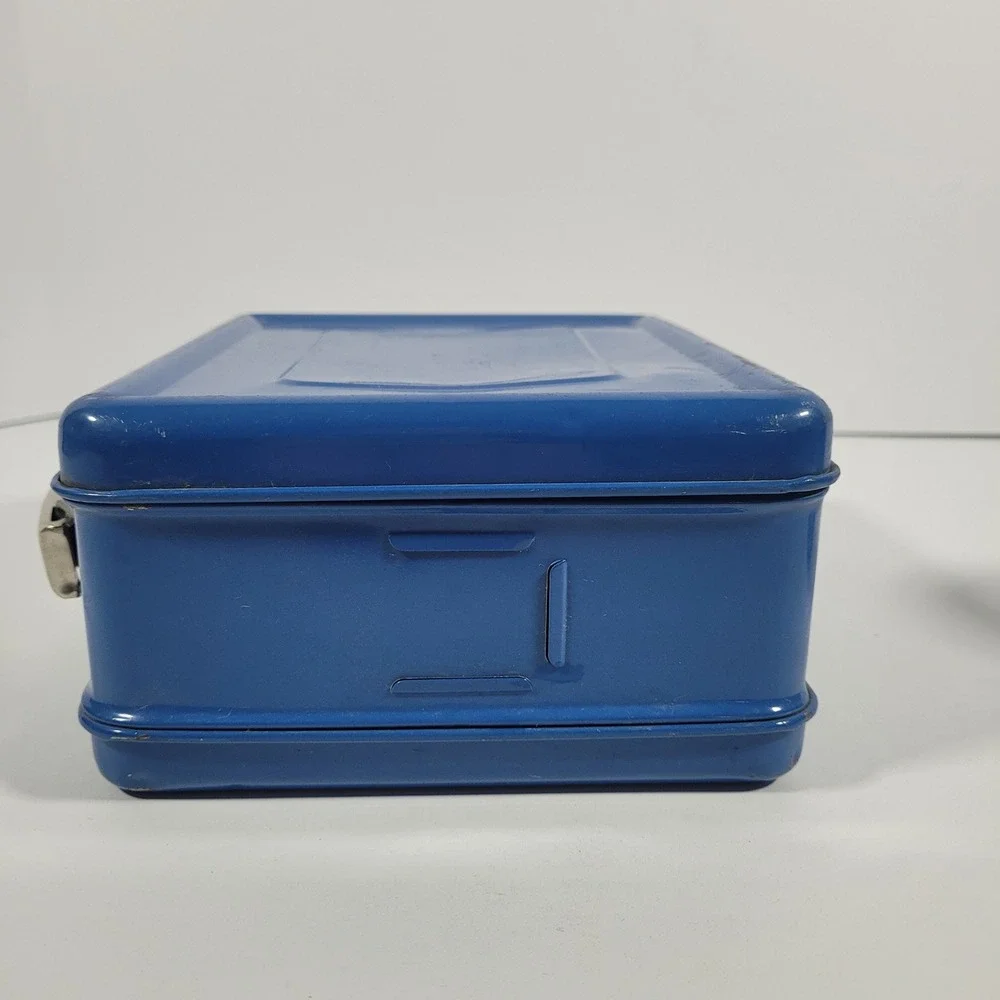 Vintage Blue Metal Lunch Box with Red Striped Thermos Cork Stopper Made in USA - Picture 9 of 15
